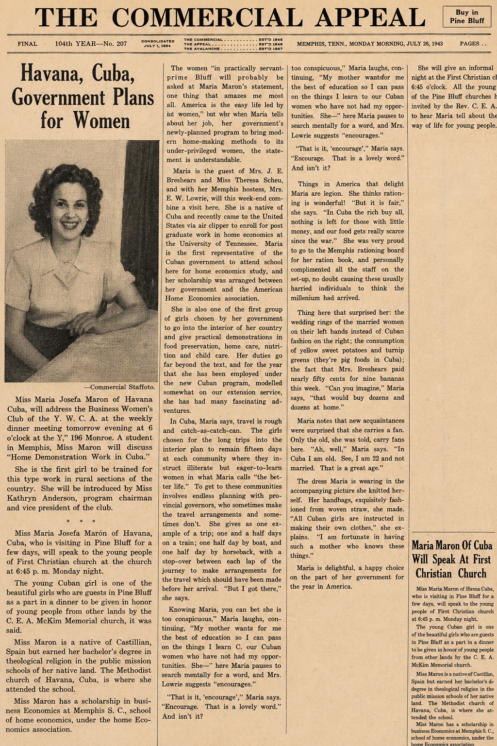 1943 Commercial Appeal newspaper article about María Josefa Marón and Cuban home demonstration work
