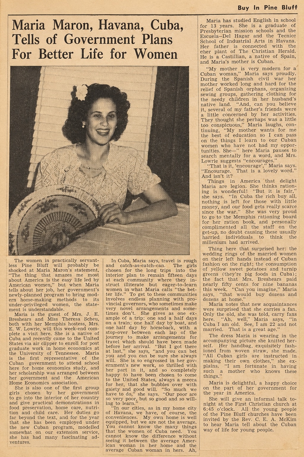 Newspaper feature Maria Maron Havana Cuba Tells of Government Plans For Better Life for Women